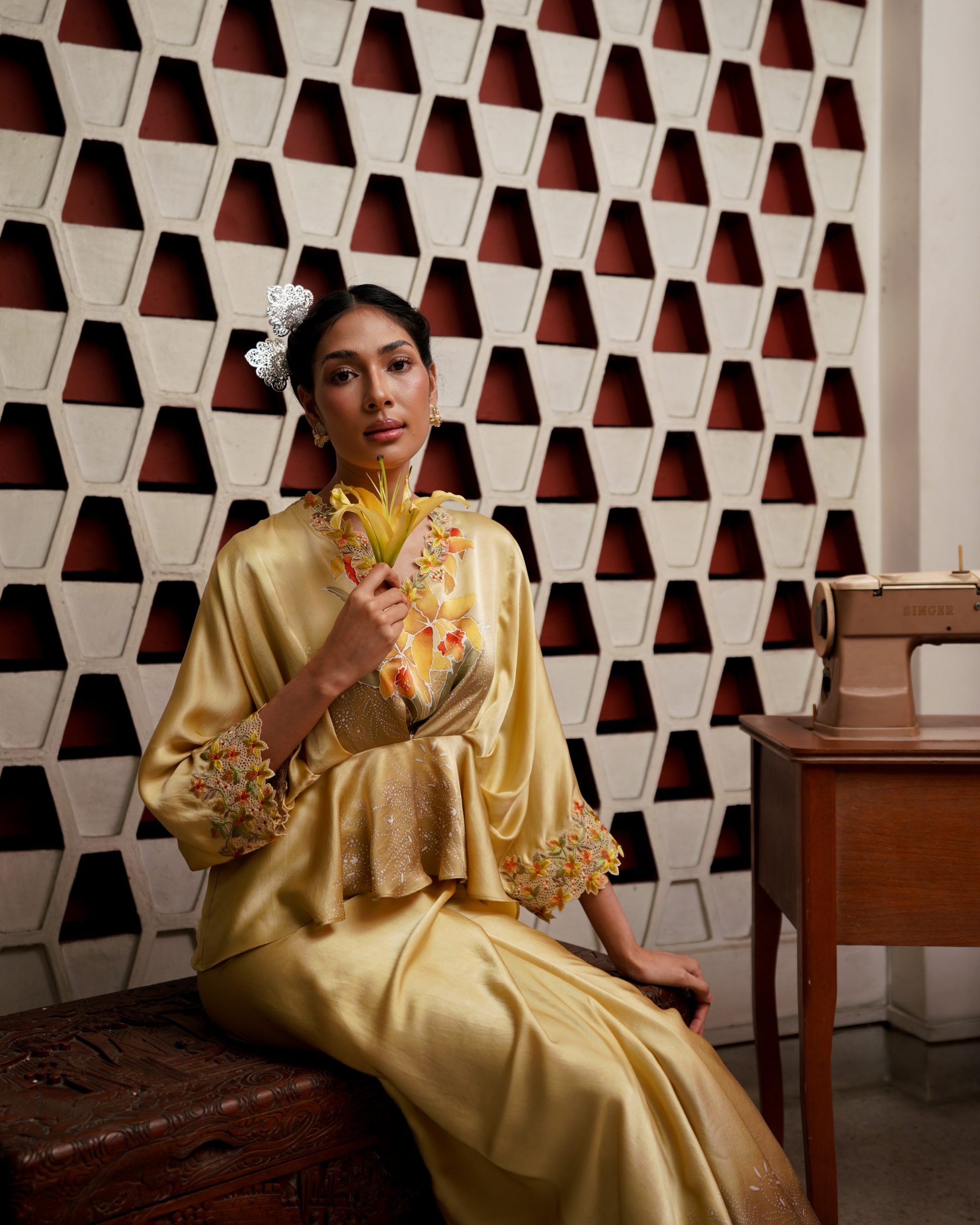 Batik Orchid In Mustard Yellow - Image 5